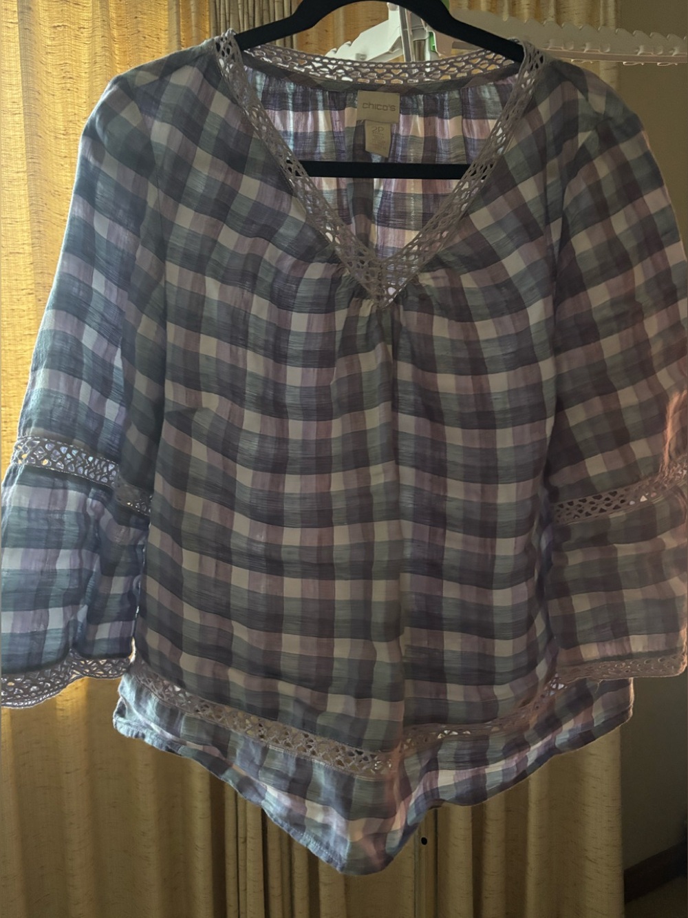 Chico's Lavender and White Plaid Crochet-Trim Tunic
